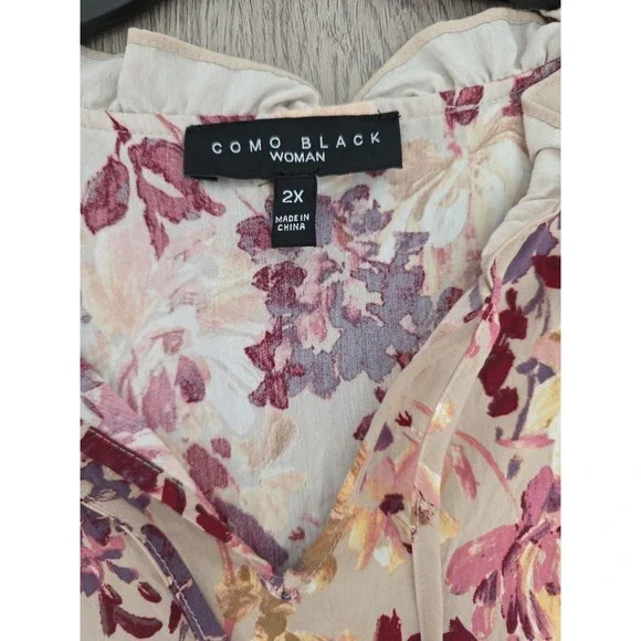 Como Black Woman 2X Floral Tie Neck Blouse Long Sleeve Rayon Beige - Picture 6 of 12